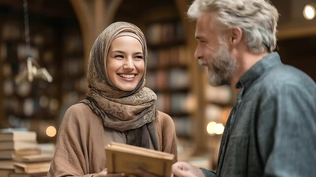 Muslim woman and Jewish man sharing books in library