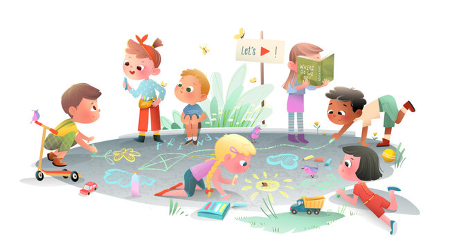 Little children drawing doodles with chalk and play toys outside in park. Cute kids smiling playing, drawing and exploring nature. Hand drawn colorful vector cartoon illustration for kids education.