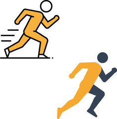 Illustration showing two stylized figures in a running pose, one with outlines and speed lines, the other with a solid color block design.
