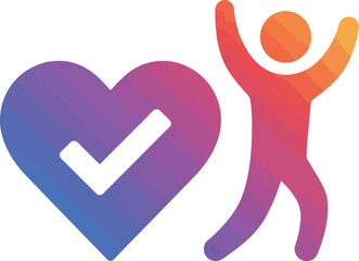 Graphic illustration of a heart with a checkmark and a person with raised arms, symbolizing health and success.