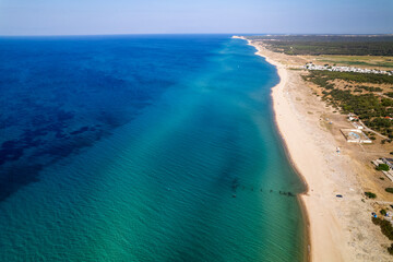 Enez Beach in Gulf of Saros (Saros Bay). Aerial view of sea. Tropical landscape with clear turquoise water.