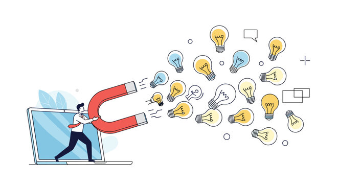 Business professional attracting many brilliant ideas with a giant magnet concept illustration
