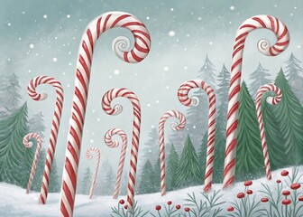 A charming illustration showcases an array of candy canes with spiraled tops standing in a snowy forest, capturing the essence of the christmas holiday season