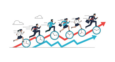 Business professionals racing upward on clocks representing timeliness and career progression
