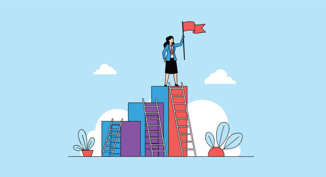 Woman standing on top of stacked bars holding a red flag symbolizing achievement and success