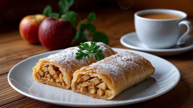 Freshly baked apple strudel served with tea on a rustic wooden table