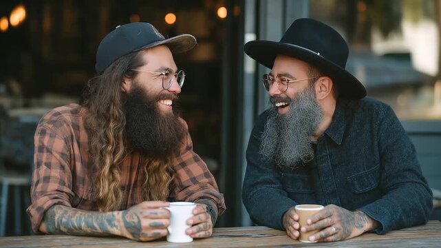 Tattooed Maori man laughing with Hasidic Jewish man over coffee