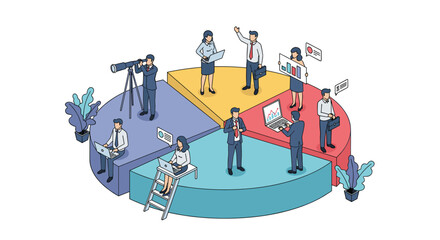 Naklejka premium Visualizing diverse business teams collaborating within a pie chart segmentation strategy
