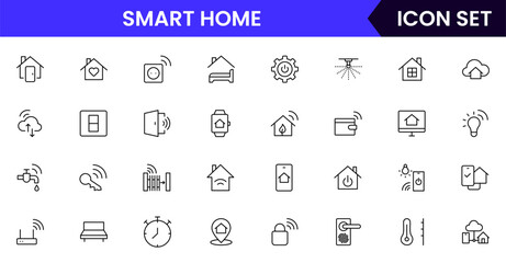 Smart home vector line icons featuring thermostats, motion detectors, cameras, alarms, automation, lighting, temperature control, connectivity, and energy efficiency.