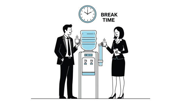 Colleagues enjoying a refreshing break near a modern water cooler on a busy workday