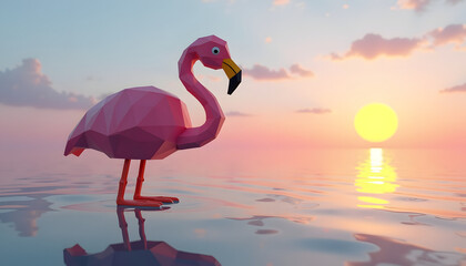 Fototapeta premium A geometric flamingo enjoying the sunset's reflection on the water.