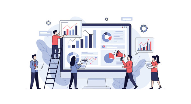 Team of professionals analyzing business growth data using digital technology and visualizations for better strategic planning