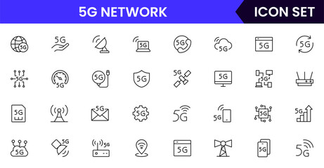 5G network vector line icons featuring signal towers, high-speed data, connectivity, smartphones, wireless technology, internet access, coverage, and modern communication.