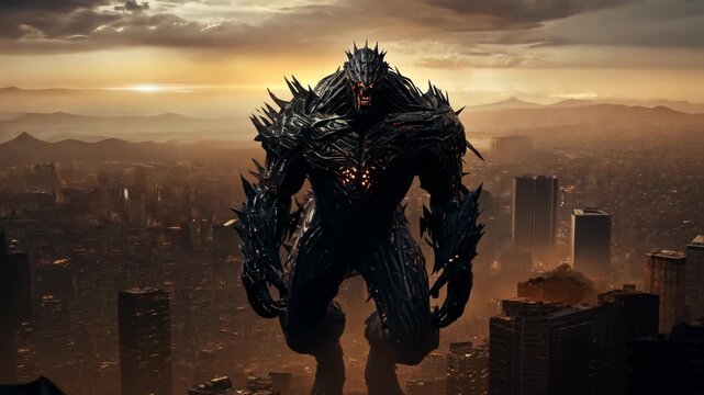 Giant monster over the destroyed city. Mythical giant kaiju attack