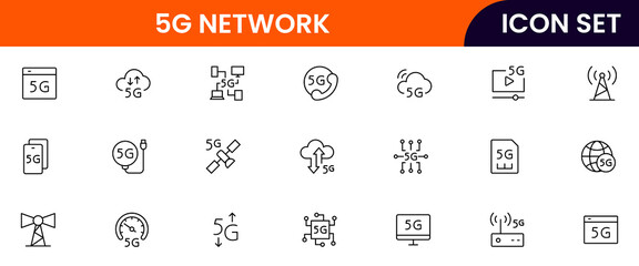 5G network vector line icons featuring signal towers, high-speed data, connectivity, smartphones, wireless technology, internet access, coverage, and modern communication.