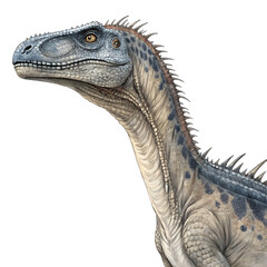 Fototapeta premium A detailed illustration of a Spinosaurus dinosaur. The creature has a long snout, sharp teeth, and a sail-like structure on its back. It is depicted against a black background.