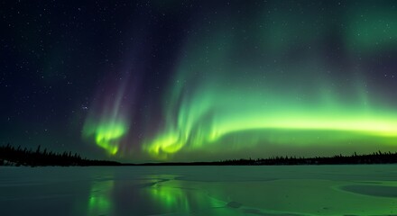 Naklejka premium Aurora Borealis Reflection on Frozen Lake Under Starry Night