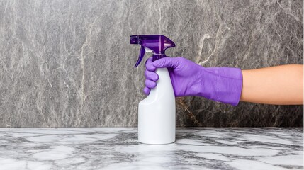 Hand wearing purple glove holds a white spray bottle against a textured gray marble background, showcasing cleaning supplies and household maintenance in a modern setting