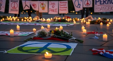 Candlelight Vigil for Peace with Flowers and Protest Signs