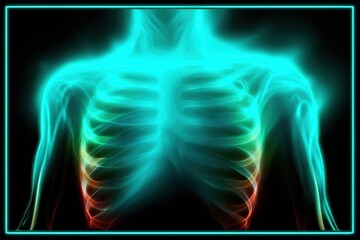 Glowing digital illustration of a human ribcage and upper torso highlighting bones with neon-blue light on a black background.