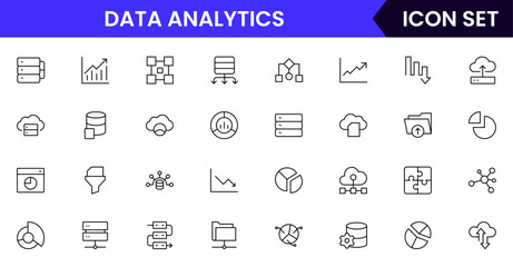 Data analytics vector line icons featuring graphs, charts, dashboards, data points, reports, algorithms, insights, trends, statistics, and visualization tools.