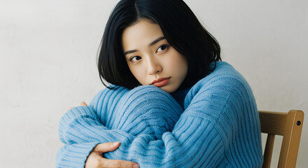 Young woman sitting on a chair, hugging knees and looking pensive  
