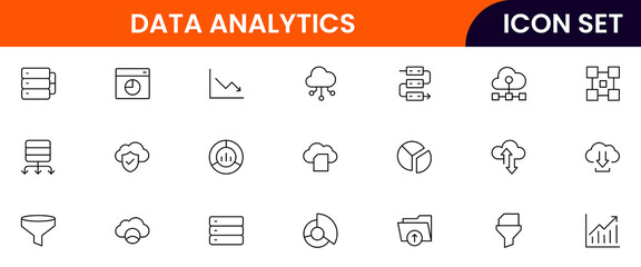 Data analytics vector line icons featuring graphs, charts, dashboards, data points, reports, algorithms, insights, trends, statistics, and visualization tools.