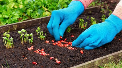 Naklejka premium Gardener wearing blue gloves is planting red seeds in rich soil, surrounded by young green sprouts, showcasing the process of nurturing a thriving vegetable garden