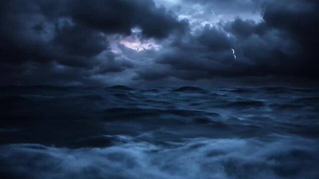 Lightning bolt striking over storm clouds above dark ocean.