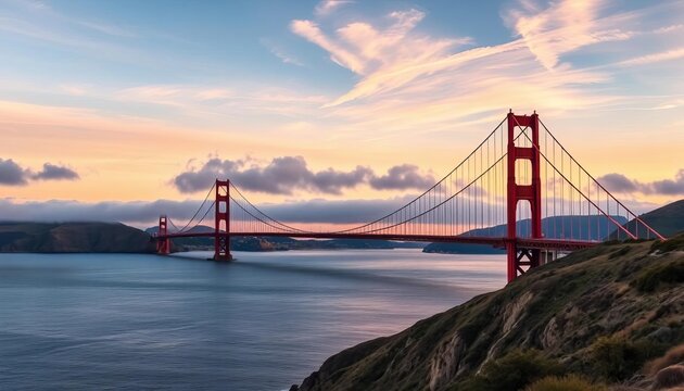 Golden Gate Bridge panoramic view at sunset, soft cloudy sky, California , cloudscape, steel