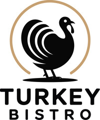 Elegant turkey bistro logo design featuring a stylized black turkey silhouette encircled by a tan ring, perfect for branding restaurants and food businesses with a modern aesthetic.