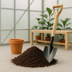 A garden shovel rests in a pile of soil next to a terracotta pot with green plants in the background