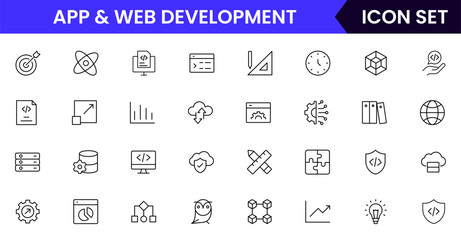 App and web development vector line icons featuring code, wireframes, interfaces, screens, UX/UI, testing, deployment, bugs, and digital tools.