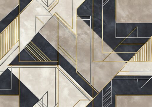 Elegant geometric art deco design with gold and silver accents and marble texture background