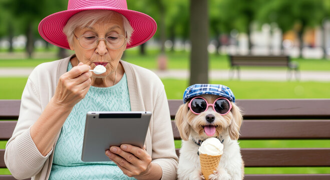 A heartwarming scene of an elderly woman and her adorable dog sharing a joyful summer afternoon, enjoying ice cream and digital leisure on a park bench.