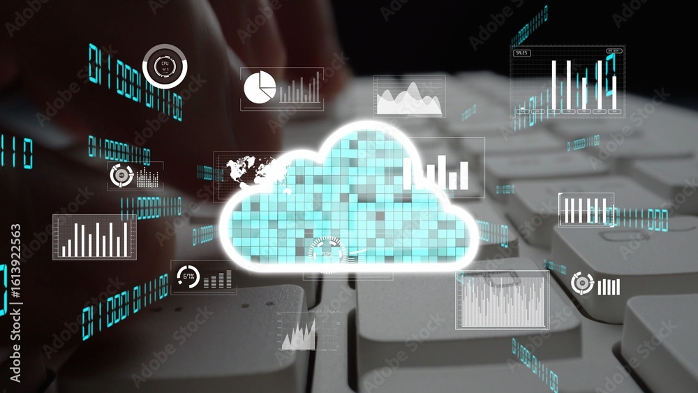 Poster visual representation of cloud computing with data graphics projected over a keyboard, illustrating 