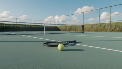 tennis court with tennis rackets and balls