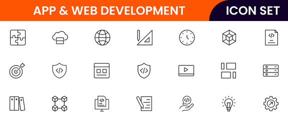 App and web development vector line icons featuring code, wireframes, interfaces, screens, UX/UI, testing, deployment, bugs, and digital tools.