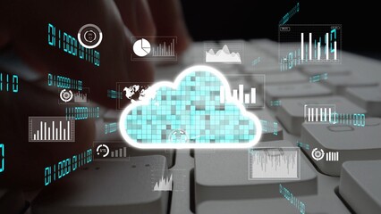 Visual representation of cloud computing with data graphics projected over a keyboard, illustrating...