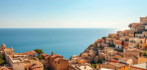Otranto's sun-drenched cityscape, ancient stone buildings cascading down to the Adriatic Sea, a captivating Mediterranean vista,  roofs,  Italy
