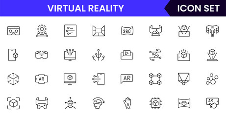 AR and VR vector line icons featuring headsets, 3D visuals, immersive experiences, controllers, simulations, digital environments, interaction, and virtual technology.