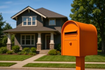An orange mailbox stands in front of a modern American house with a green lawn and blue sky