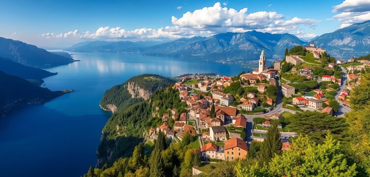 High-altitude summer view of Tremosine sul Garda village nestled above Lake Garda, Lombardy, Italy,  Lombardy,  perspective
