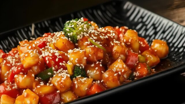 Delicious sweet and sour tofu dish with sesame seeds served on a black rectangular plate. The dish features vibrant red peppers, broccoli, and colorful vegetables.