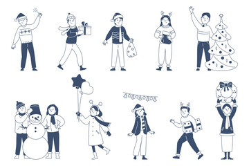 Christmas celebrating line characters. Adults prepare new year, with gift, decorations and xmas tree. Happy winter holidays, doodle people recent vector set