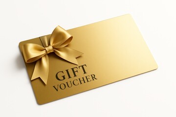 Golden gift voucher with satin ribbon bow on a white background golden gift card