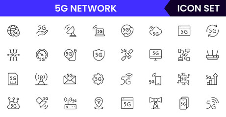Fototapeta premium 5G network vector line icons featuring signal towers, high-speed data, connectivity, smartphones, wireless technology, internet access, coverage, and modern communication.
