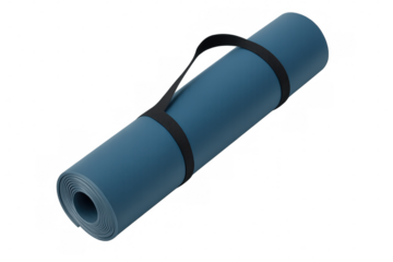 Rolled blue yoga mat with black carrying strap isolated on transparent background, ready for fitness and exercise