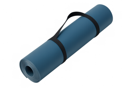 Rolled blue yoga mat with black carrying strap isolated on transparent background, ready for fitness and exercise