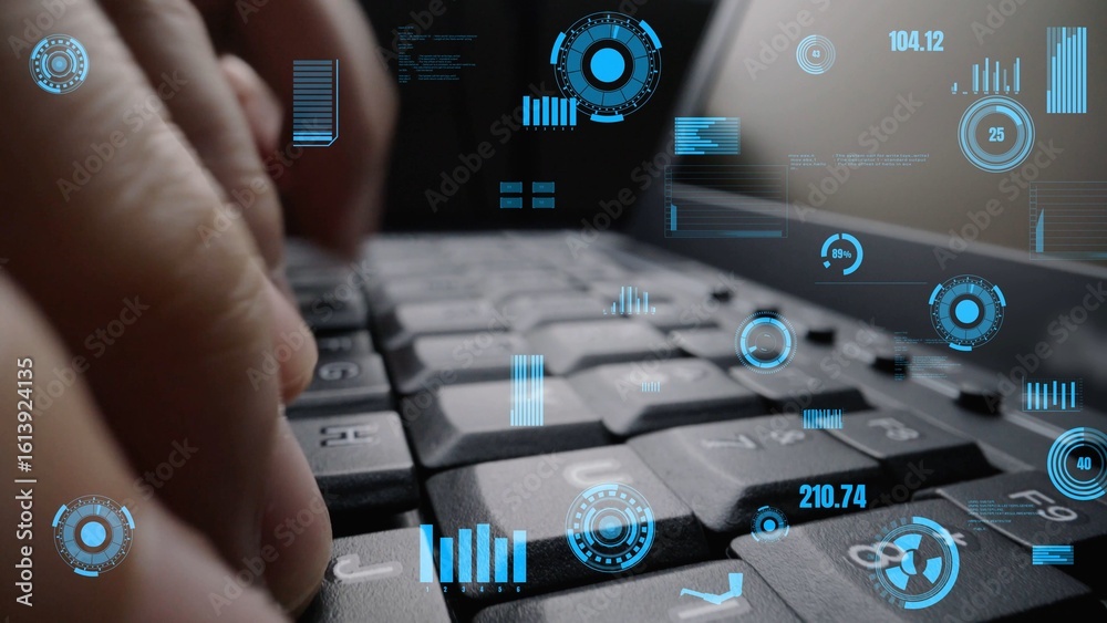 Poster a close-up view of a hand typing on a laptop keyboard, enhanced with digital interface elements show